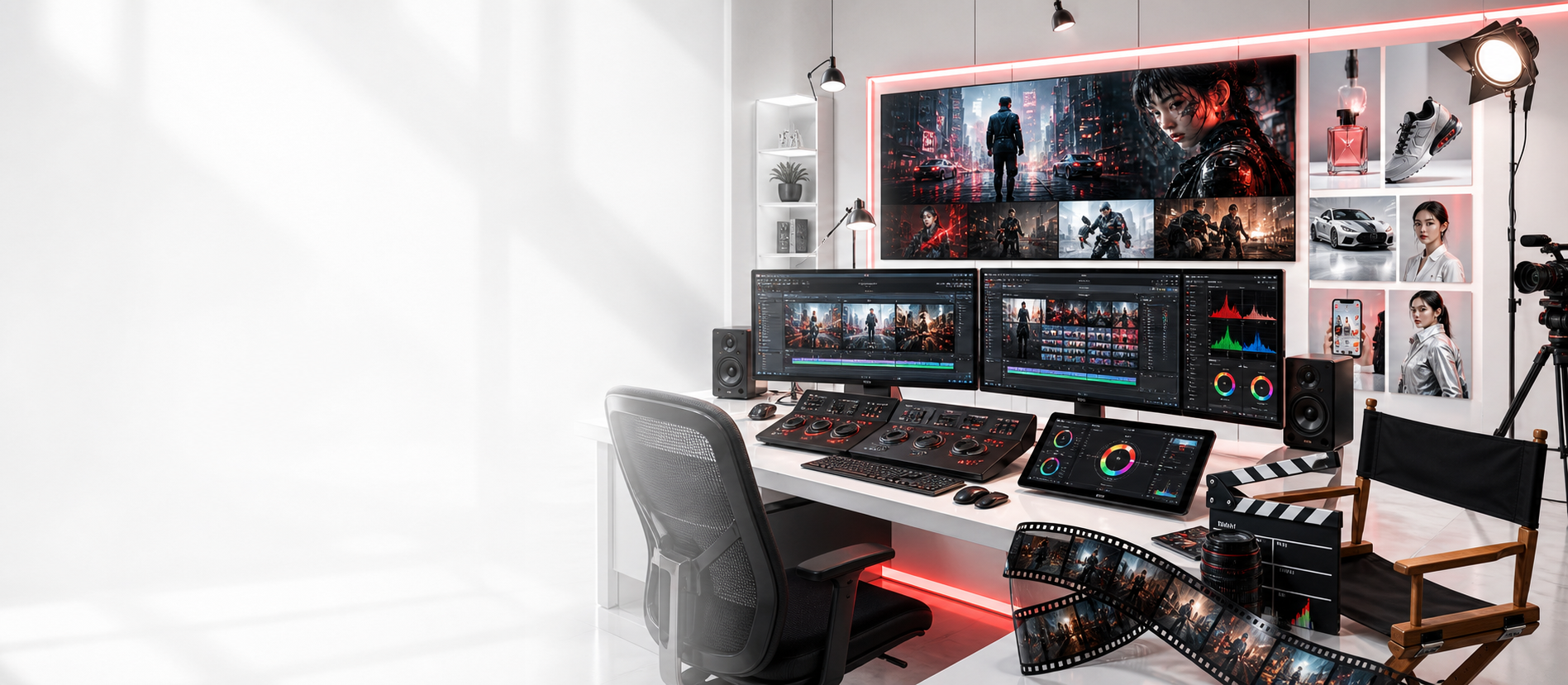 Bright cinematic AI production studio