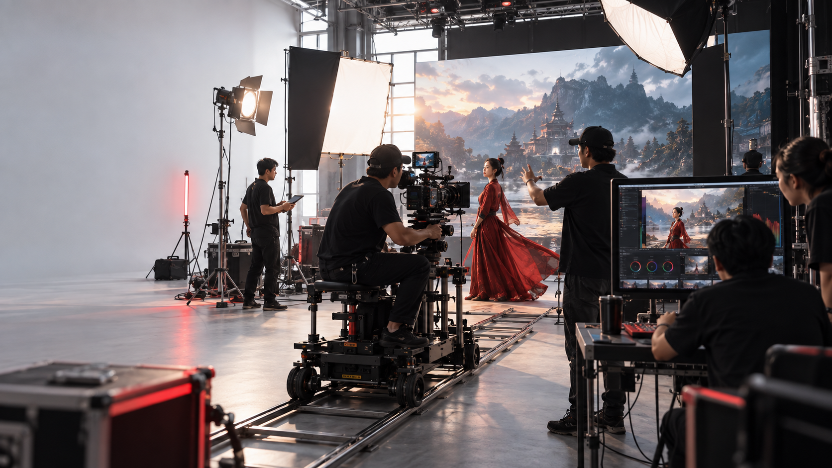 กองถ่ายวิดีโอจริงผสานงาน AI post-production
